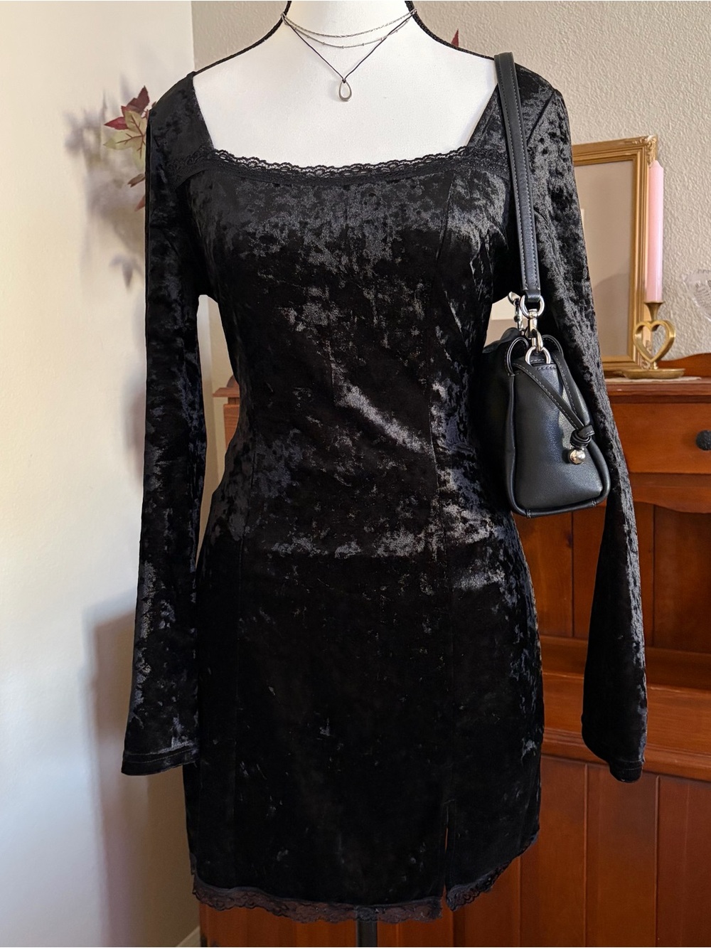 Cider black crushed velvet lace trim long sleeve mini dress